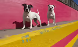 two large white dogs next to each other on the side of a pink building