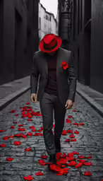 the man is walking down the red petals