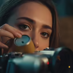 a young woman is holding a camera and looking through