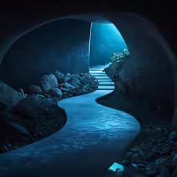 an underground rock formation with light at the end