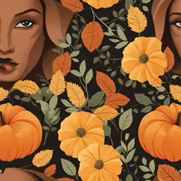 a poster with two women standing behind pumpkins