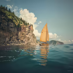 the boat is sailing next to the rock cliff