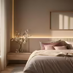 a bed that is sitting under a mirror