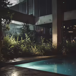 a pool in front of a building with many plants