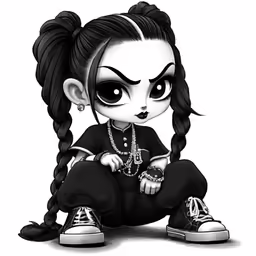 a small girl with long black hair, wearing black and white shoes