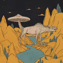 a drawing of an ox standing on top of a mountain