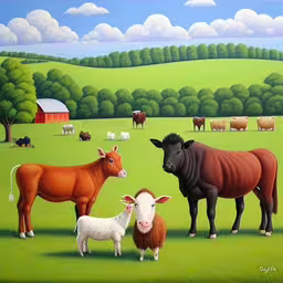 two sheep and a cow are standing in a pasture,there are several cows in this painting that is very similar to a painting