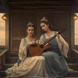 two women in dresses are sitting down playing the guitar