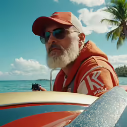 a man wearing an orange hoodie standing on the front of a boat near the beach