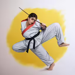 a boy doing an aerial move while holding a sword