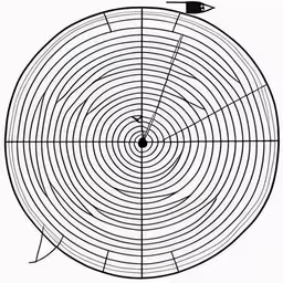 a round object in which two points are on top,the center of a round diagram with arrows coming out,an image of a circle with a pen drawing on it,a drawing of a circular object with an arrow,a diagram of a concentricon wheel, with a needle