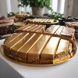 a plate full of chocolate desserts on a counter