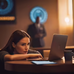 woman using laptop in office setting on wooden desk