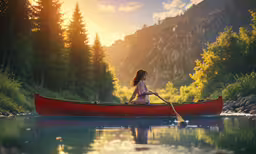 a woman sitting in a boat on top of a river,a woman paddles a canoe in the mountains