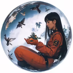 a woman sitting on the ground in a ball holding an object