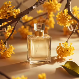 an image of a bottle of perfume surrounded by flowers