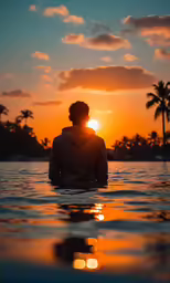 man sitting in the water watching the sun set