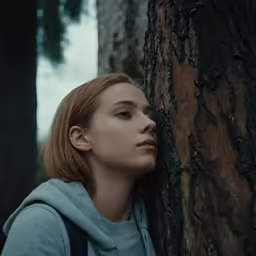 the girl is touching the tree bark