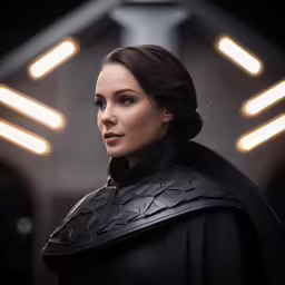 a woman in leather coat with lights behind her