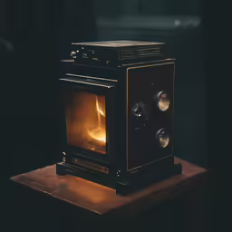 an old fashioned stove with its light on