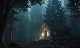 there is a small cabin in the middle of a forest