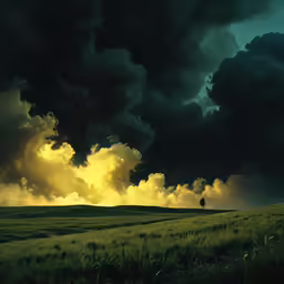 a stormy sky over a grassy field during sunset
