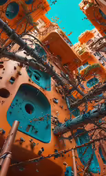a large building covered in wires and orange walls