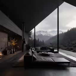 a dark living room with couches and tables