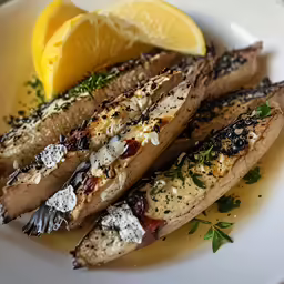a plate topped with three sliced lemons and meat