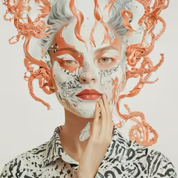 a woman with a strange face covering her eyes