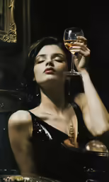 a woman holding a wine glass to her face