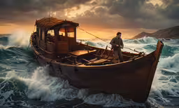 a man standing on top of a boat in the ocean,man standing on a boat in front of a large wave