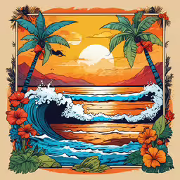 a painting of a sun setting over the ocean,a painting with waves and palm trees