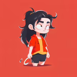 a drawing of a woman with black hair and a red shirt