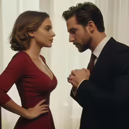 a man with his hand on his chest in front of a woman with her arms crossed