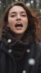 a woman making a surprised face with snow flakes flying around her