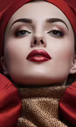 woman wearing gold and red makeup wearing a head covering