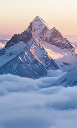 a mountain covered in clouds under a pink sky