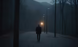 a man walks through a street at night with his light on