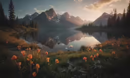 the sun shines bright on some wildflowers by the water