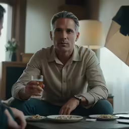a man is looking at a man holding a glass