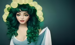 a woman with green hair is looking down at the ground