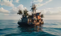 an old pirate ship off the coast in the middle of the ocean