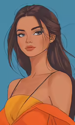 a woman in an orange dress with her hair pulled back