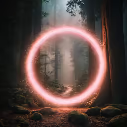 a bright light circle is shown in the middle of a forest