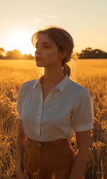 a woman standing in a field with her arms crossed