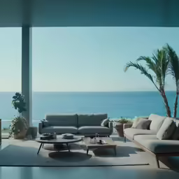 a room that has a couch, coffee table and potted plants