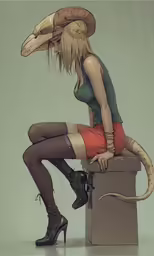 a woman sitting on top of a cube holding a lizard