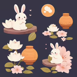 a bunch of cute animal with flowers and vases
