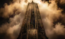 the top of the building is surrounded by clouds